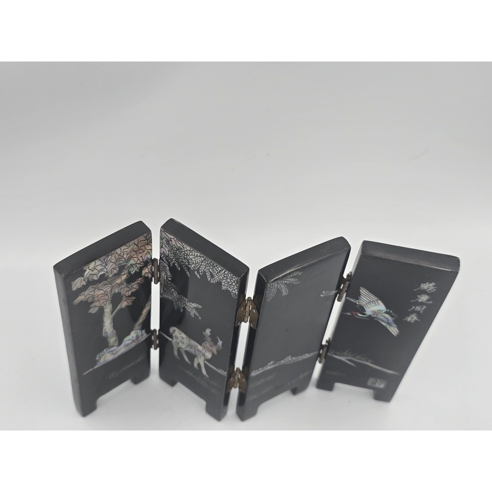 Vintage Black Lacquer Mother of Pearl Inlay 4 Panel Mini Table Screen Deer Crane - Picture 11 of 14